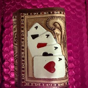 Hand-Tooled Leather Wallet with Playing Card Motif